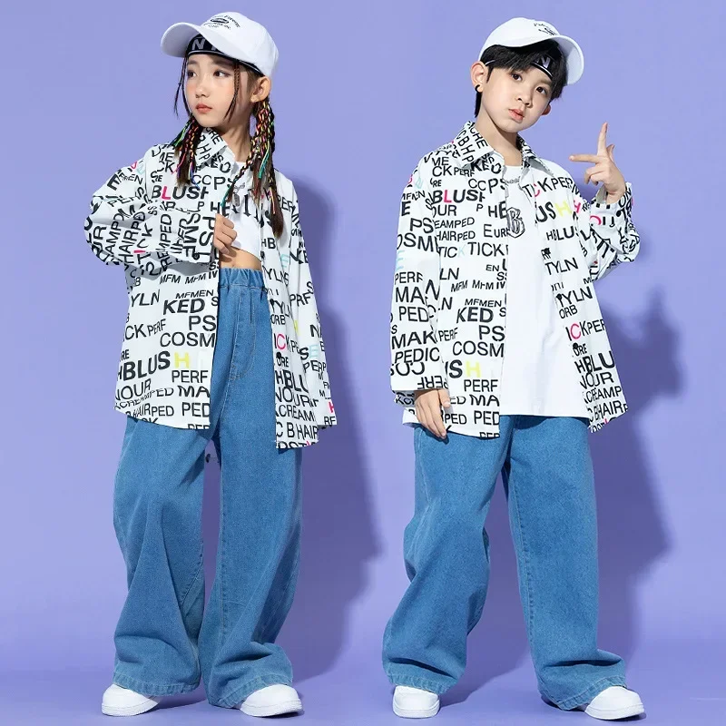 Girls Fashion Jazz Dance Performance Costumes Letter Print Shirt White Vest Blue Jeans Set Boys Hip Hop Dance Outfit Streetwear