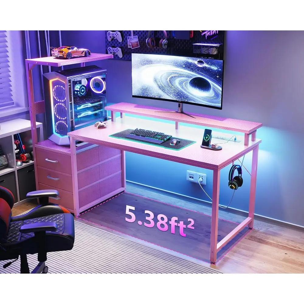 52 LED 게이밍 책상, USB 포트, 양면 사용 가능, 수납 선반 및 모니터 스탠드 포함, 모던 카본 파이버 핑크 책상, 패브릭 서랍 포함