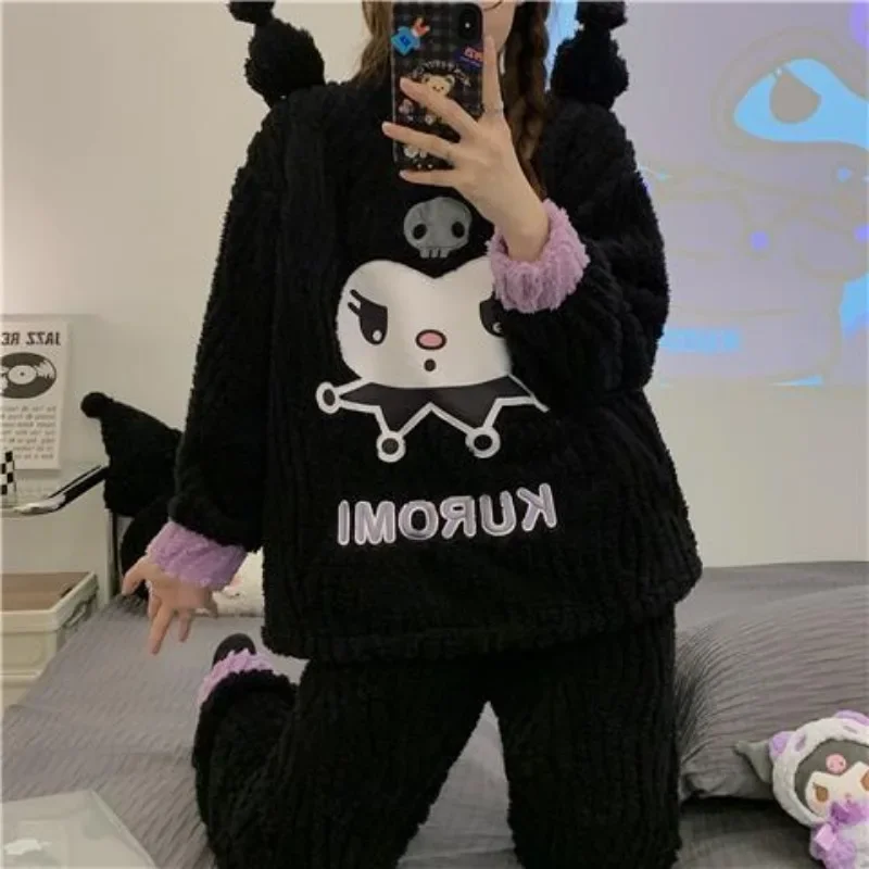 Sanrio Cinnamoroll Pompom Purin Kuromi Pochacco cute plush pajamas for women winter thickened coral velvet student home clothes