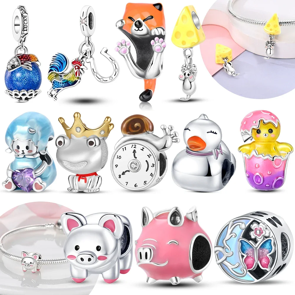 Mouse Cheese Pig Frog Duck Spacer Original Charms Silver Plated Beads Fit Bracelets Bag Keychain Charms Diy Women Gift Accessory