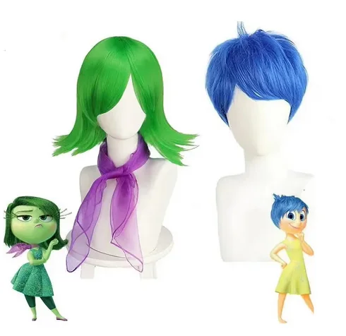 Anime Binnenstebuiten Vreugde Blauwe Pruik Eelt Cosplay Korte Groene Pruiken voor Vrouwen Synthetisch Haar Gestyled voor Halloween Carnaval Party Pruiken