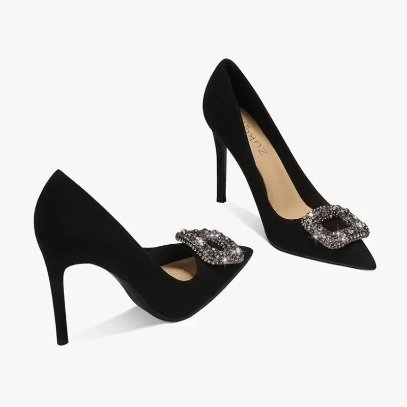 

2023 женские летние новые роскошные пикантные туфли с квадратной пряжкой и кристаллами, элегантные туфли на шпильке с острым носком, вечерние туфли больших размеров