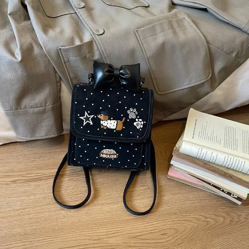 2-in-1 Cute Y2K Kawaii Mini Backpack Girls Detachable Shoulder Bag, Polka Dot Bow Dachshund Embroidery Small Purse for Kids Teen - view 5