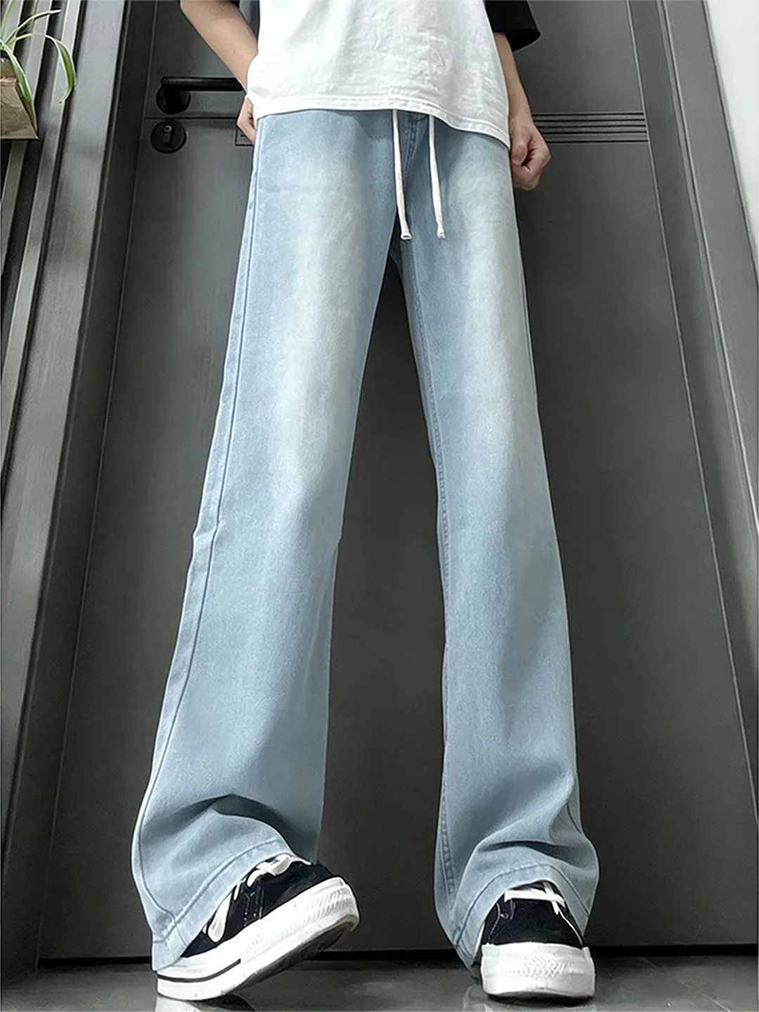 Light Blue Straight Leg Slant Cut Flared Jeans Men's Thin CleanFit Drawstring Leg Lengthening Wide Leg Drapey Pants
