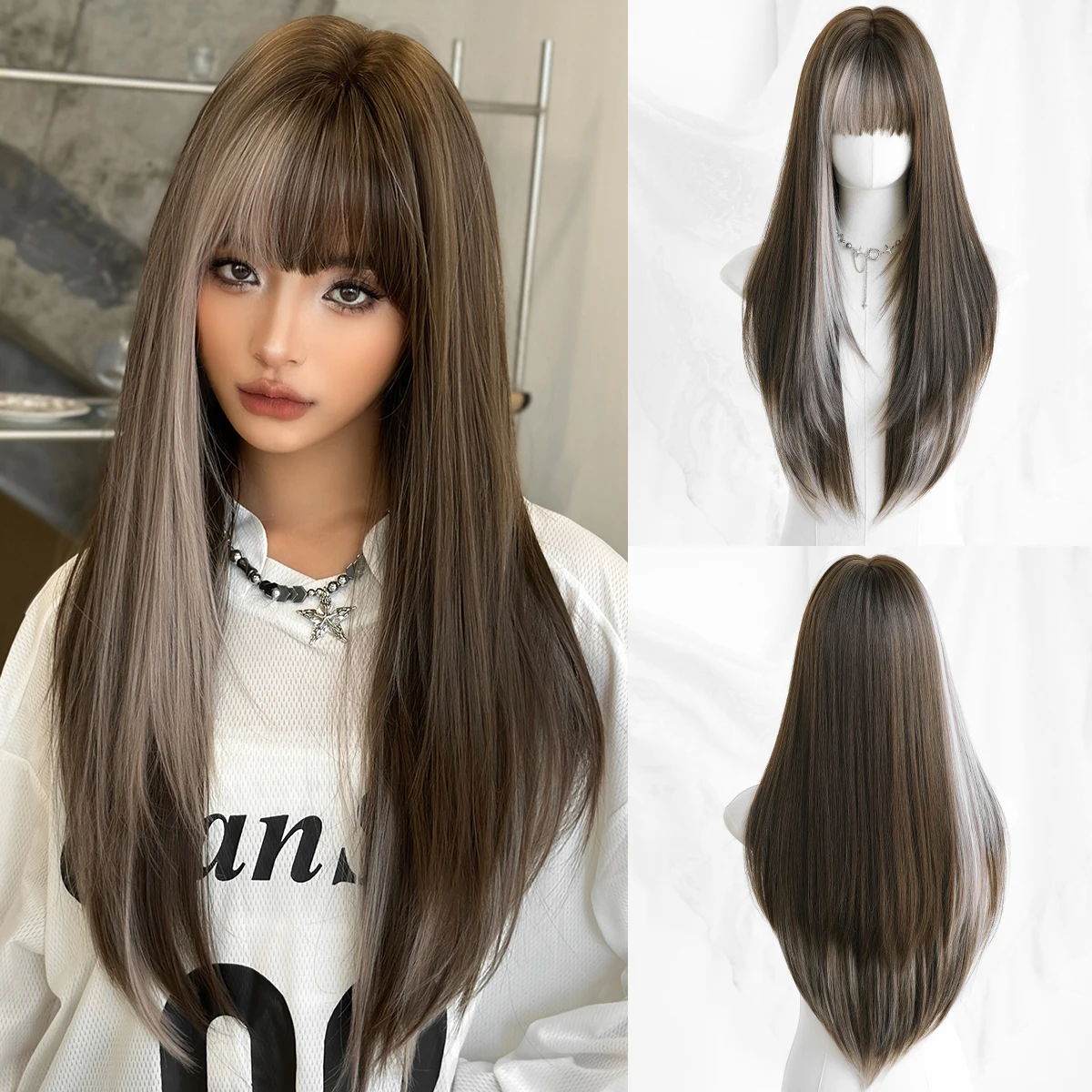 7JHH WIGS Long Straight Brown Ombre White Wig for Women Synthetic Layered Modest Fashion Wear and Go Wigs with Neat Bangs