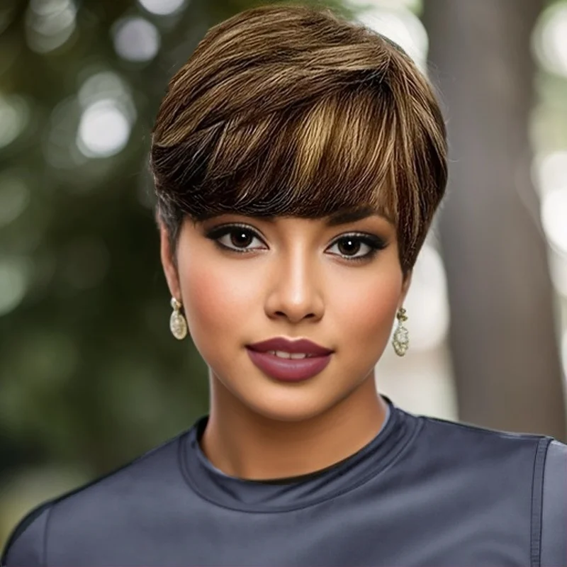 여성용 앞머리가 있는 컬러 짧은 레이어드 픽시 가발 브라질 스트레이트 인모 전체 기계식 가발