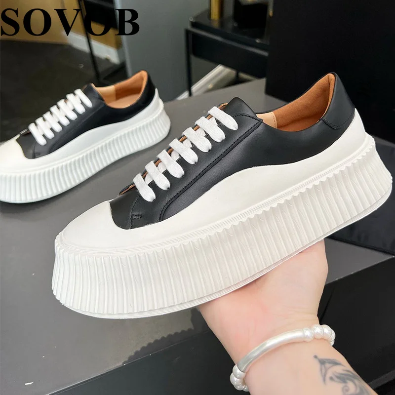 

Spring Autumn Real Leather Color Blocked Flat Shoes Thick Soled Round Toe Lace Up Casual Shoes Versatile Single Shoes Unisex