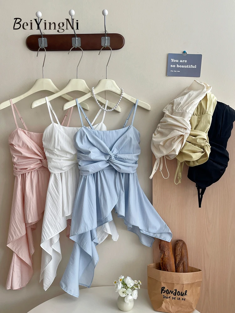 

Beiyingni Irregular Korean Sexy Tank Tops for Women Ruched Slim Fit Ruffles Summer Vacation Blouses Female New Fashion Camis