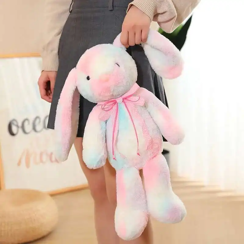 Conejito de Pascua relleno con orejas largas y disquete, juguete de peluche de conejo teñido anudado colorido para dormir, peluche de conejo colorido súper suave