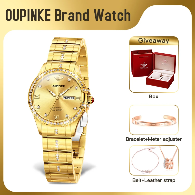 OUPINKE 3195 Women Watch Luxury Brand Ladides Automatic Mechanical Wristwatch Waterproof Dual Calendar Display Watch For Women