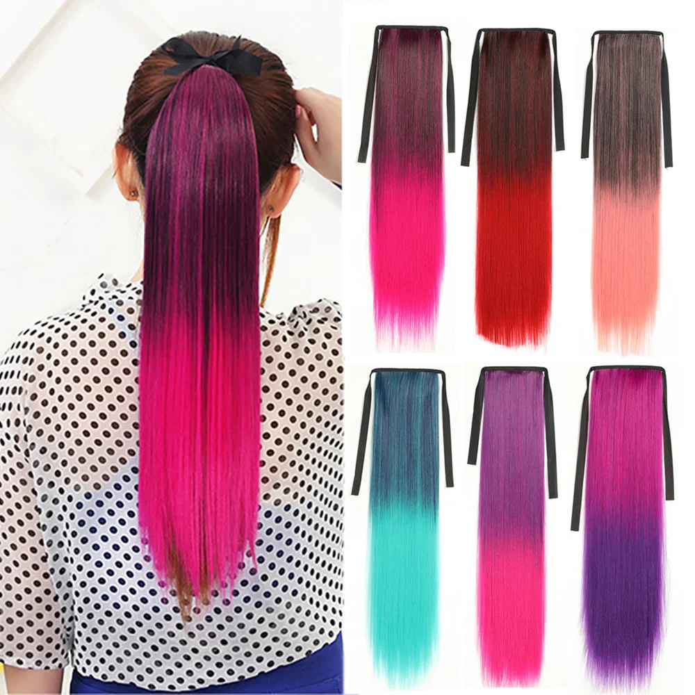 Synthetic Long Straight Ponytail Extensions Women\'s Ombre Color Drawstring Pony Hairpieces