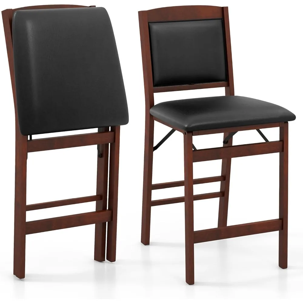 

Folding counter high bar stool 2-piece set, with cushioned backrest and seat, footrest, rubber wooden legs