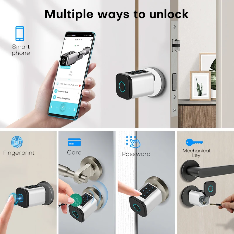 Tuya APP Fingerprint Lock Cylinder Electronic Smart Door Lock Digital Code Key Card Remote Control Adjustable Home Apartment