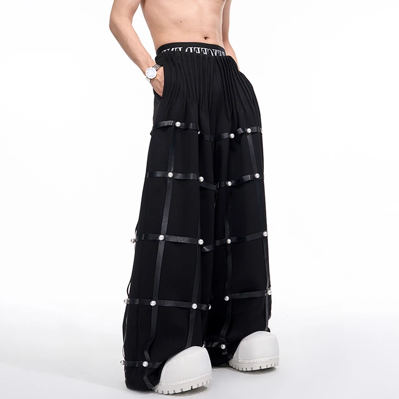 LUZHEN カジュアルオリジナルワイドプリーツデザインレッグレザーパッチワークトラウザーズメンズ2025新作無地ストリートストレートパンツJY4745