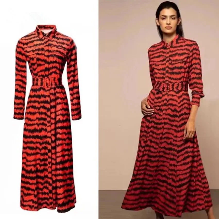 Runway Autumn Red Leopard Print Shirt Dress 2024 Vintage Women Lapel Single Breasted Long Sleeve Pockets Belt Party Midi Clothes