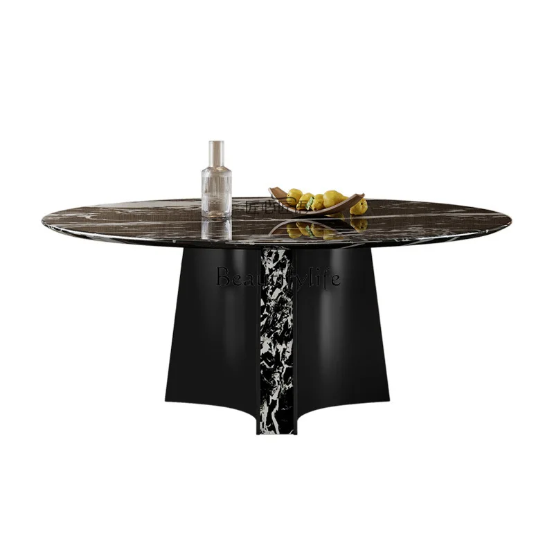 

Luxury stone black rose round dining table light luxury natural marble extremely simple round table