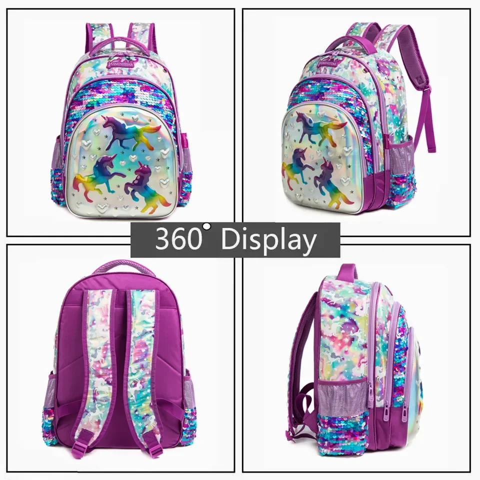 New School Bags for Girls 16 Inch Backpacks for Primary Children Sequin Backpack with Lunch Box Bag for Kindergarten Mochila