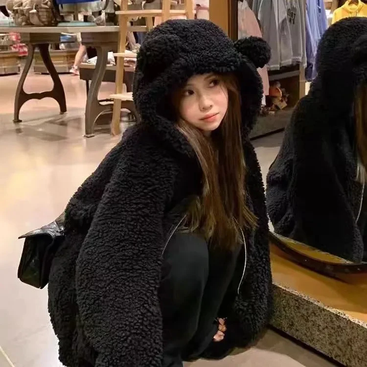 Zimní bundy s kapucí a medvědím uchem, dámské bundy 2024, chlupaté streetwear, tlusté svrchní oblečení, ležérní módní zip, kabáty Y2k - náhled 3