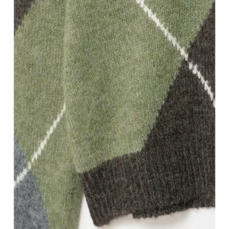 Suéter de punto con patrón de diamante para mujer, jersey informal de moda con cuello en V, suéteres Retro y elegantes para mujer