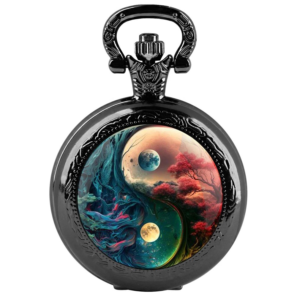 YinYang Orologio da tasca al quarzo nero con cupola in vetro con quadrante con numeri arabi e catena resistente, regalo per uomini e donne