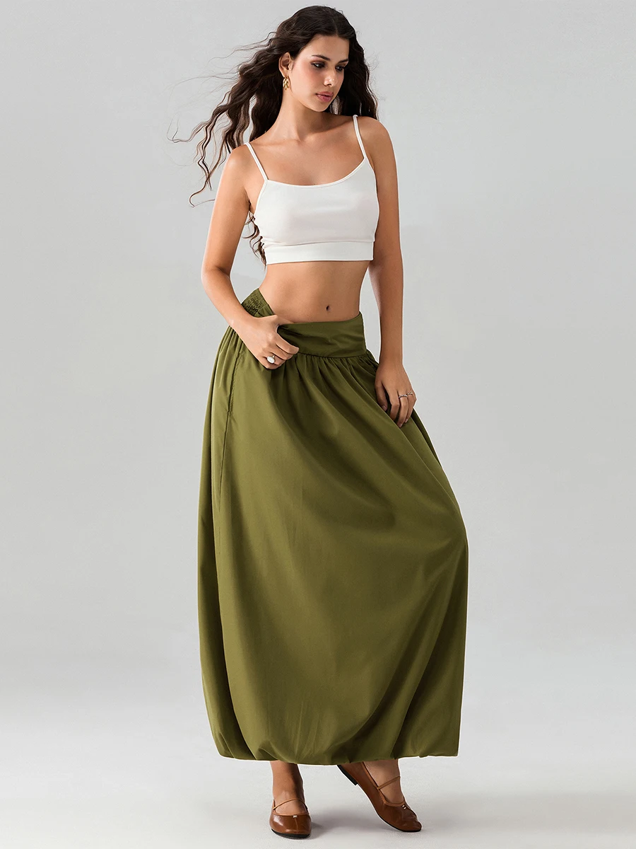 Y 2K Vrouwen Bubble Maxi Rok Elastische Lage Taille Een Lijn Lange Rok Zomer Casual Midi Ballon Lantaarn Rok