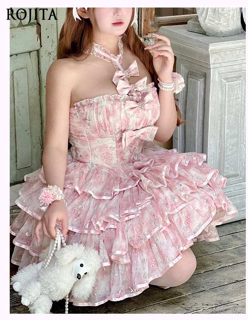 

Fairy Wind Spring and Summer Romantic Rose Lolita Dress Female 2025 New Sexy Sleeveless Cascade Ruffle Edge Mini Dress