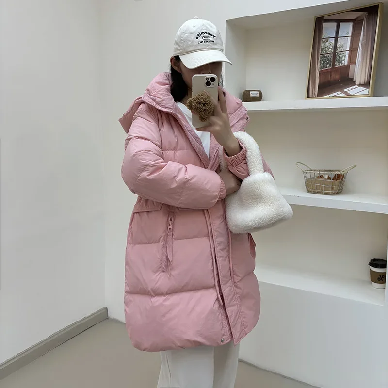 

New Winter Coat Women's Down Jacket Loose Warm 90 White Duck Down Puffer Jacket Fashion Drawstring Waist Thick Fluffy Parkas