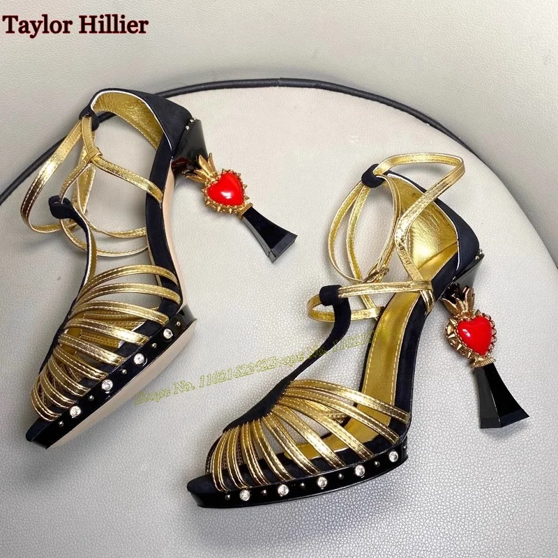 Summer New Rhinestone Hollow Sandals Open Toe Special-Shaped Heel Buckle Strap Roman High Heels Fashion Catwalk Women'S Shoes 43