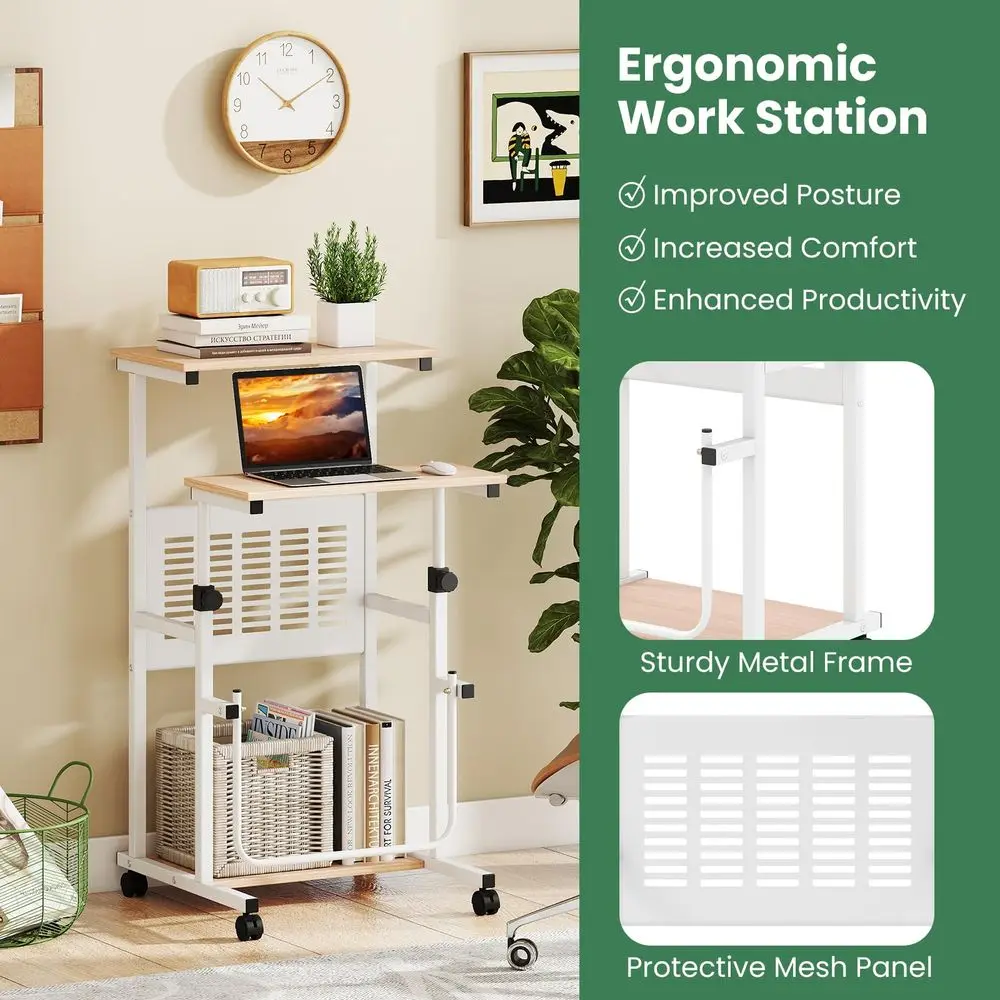 

Регулируемый стол для работы стоя, мобильный компьютерный стол на колесиках с полкой для хранения, портативный стол для ноутбука с подставкой для ног, сетчатой панелью и замком