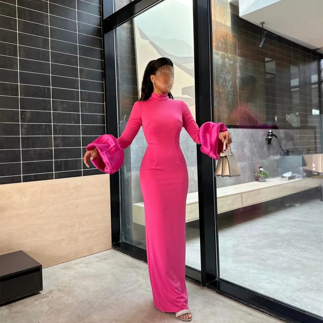 Elegant Arabic Pink Crepe Evening Dresses with Slit فساتين سهرة Sheath Long Sleeve Floor Length Prom Dress for Women