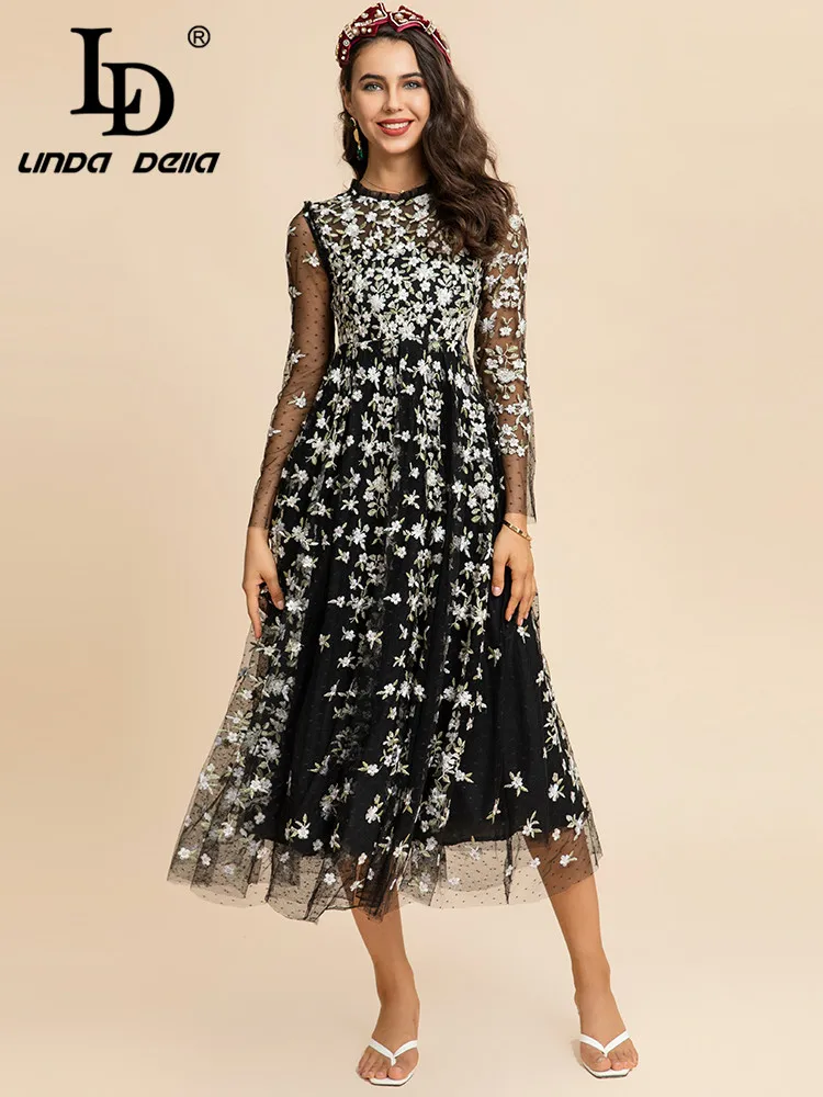 LD LINDA DELLA 2023 Spring Summer Runway New Mesh Dress Women Long sleeve Floral Embroidery Vintage Elegant Party Midi Dress