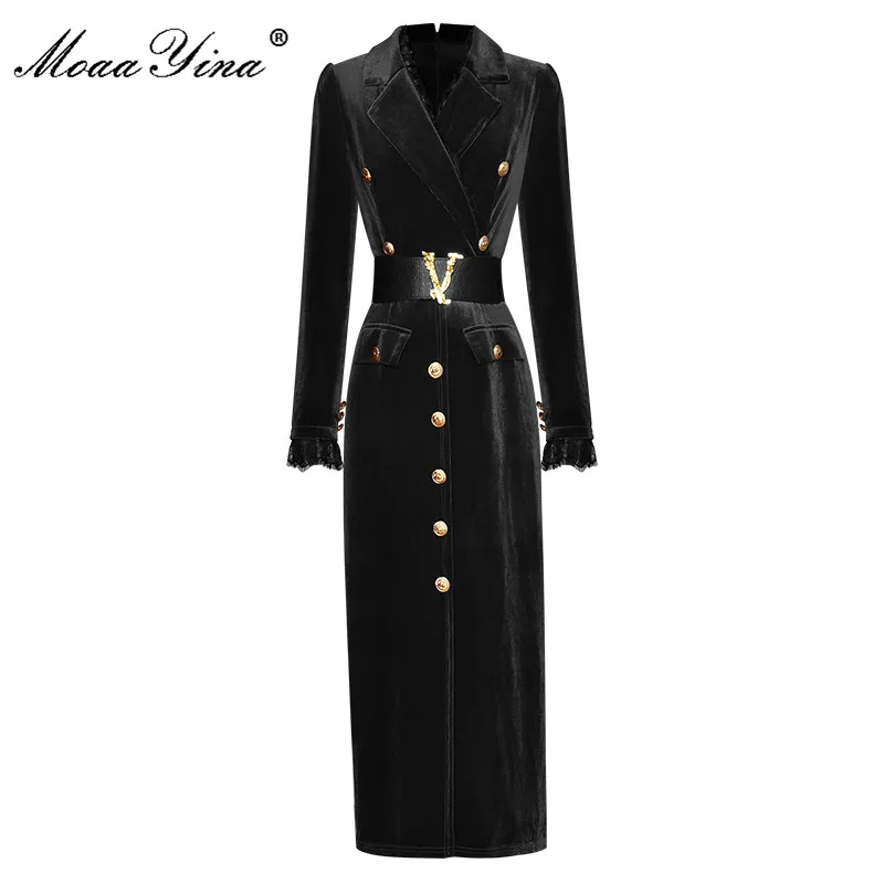 

MoaaYina Fashion Designer dress Spring Women Dress Notched Belted Long sleeve Slim Office Lady Black Velvet Dresses