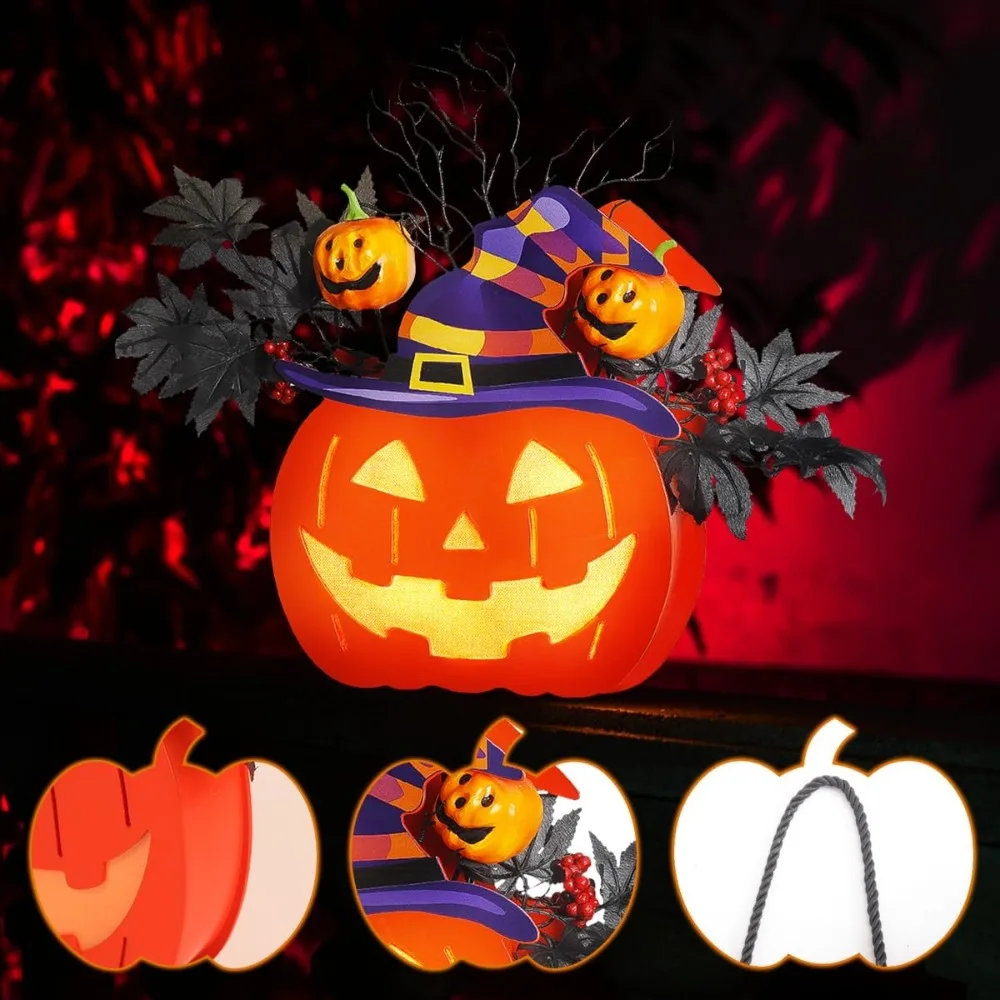 Halloween Pumpkin Lantern: Witch Hat Design, Classic Jack-O'-Lantern Style, Hanging Pumpkin Lamp for Decoration