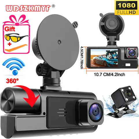 차량용 3 렌즈 대시 캠, 와이파이 비디오 녹음기, 1080P 자동차 DVR 후면보기 카메라, 눈부심 방지 안경, 자동차 액세서리