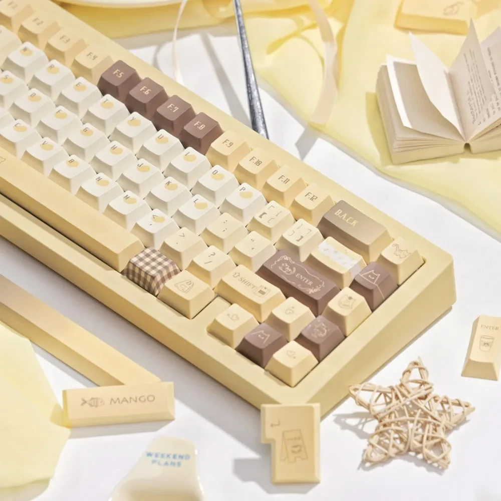 マンゴーラテテーマキーキャップセット 145 キー PBT カスタムかわいい黄色キーボードキャップチェリー/FOA プロファイルゲーミングキーキャップメカニカルキーボード用
