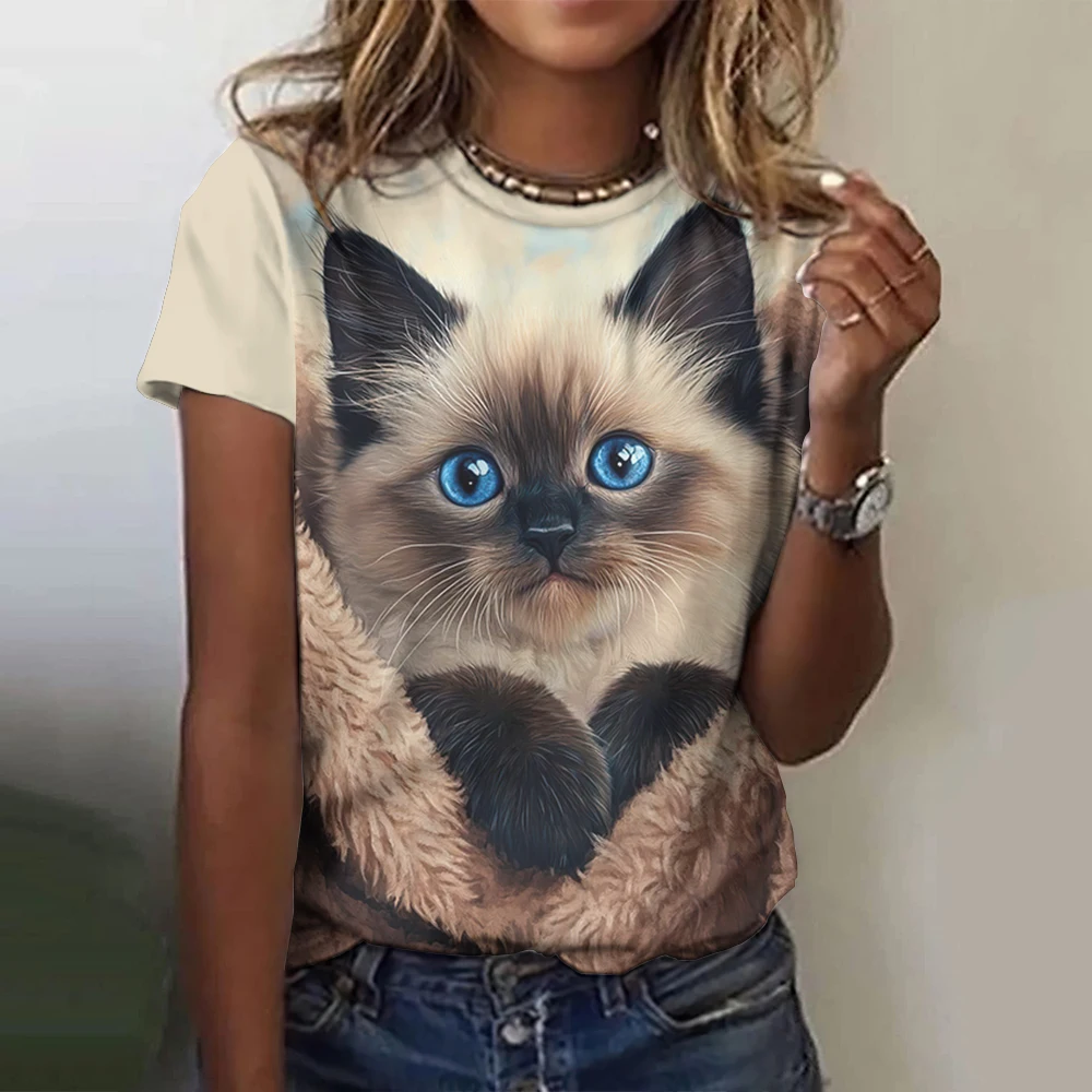 

Женская футболка с милым принтом котенка, модные повседневные базовые топы, большие размеры с круглым вырезом, женская летняя одежда высокого качества
