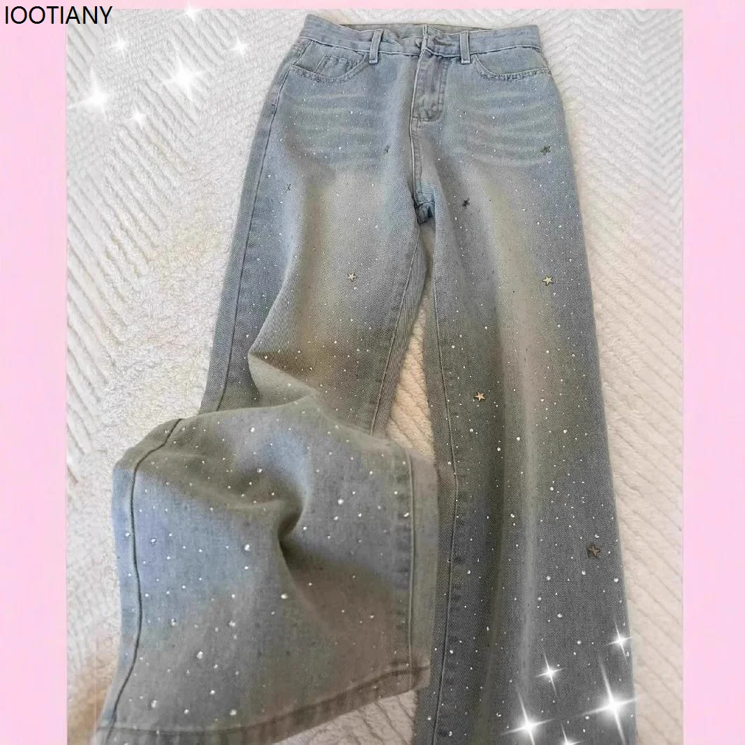 Shiny Blue Rhinestone High Waist Wide Leg Trousers Decorated Slightly Glitter Jeans Women's Fashion Versatile Slim Fit Trousers