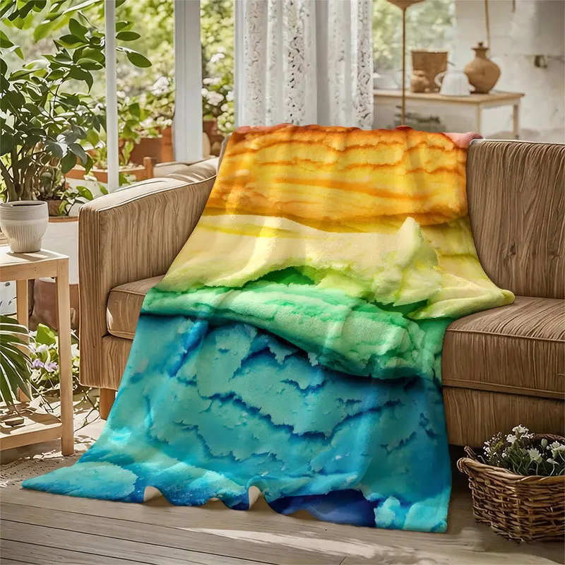Rainbow Ice Cream Layers Flannel Blanket Perfect for Sofa Office Bed Travel Sleep Read Relax Camping Four Season Use