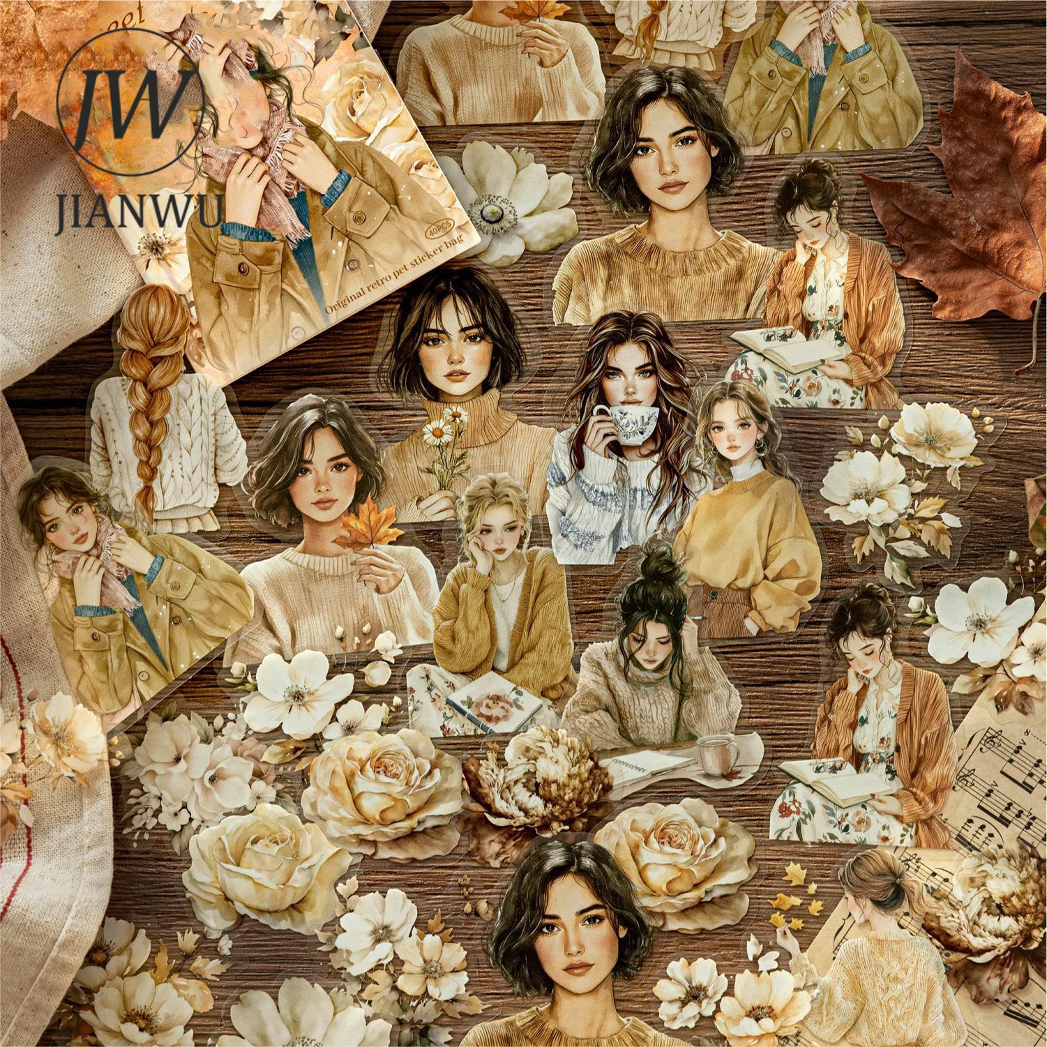 

JIANWU Flower Encounter Series Vintage Floral Character Landscape Material Collage PET Sticker Creative DIY Journal Stationery