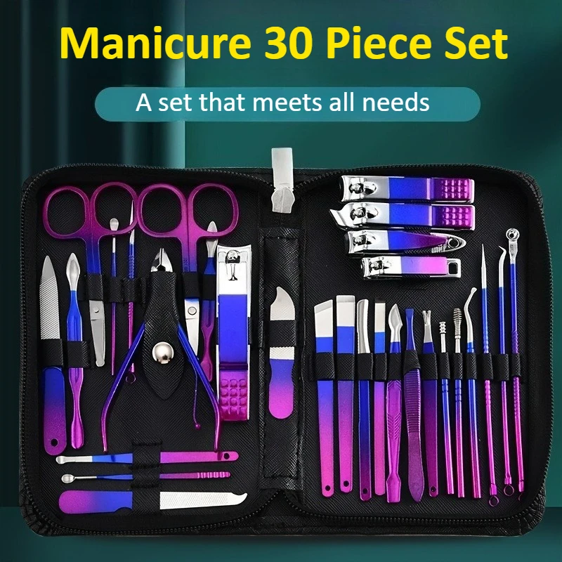 مجموعة ملونة مكونة من 30 قطعة من مقصات الأظافر الملونة المصنوعة من الفولاذ المقاوم للصدأ مع مجموعة أدوات مانيكير مع مجموعة العناية بالجمال للسفر المنزلي