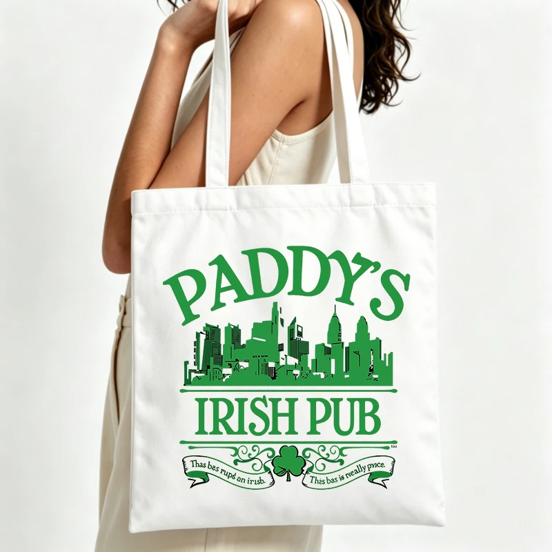 Irish pub typography and skyline graphic canvas tote bag, casual style for daily outings and St. Patrick's Day celebrations