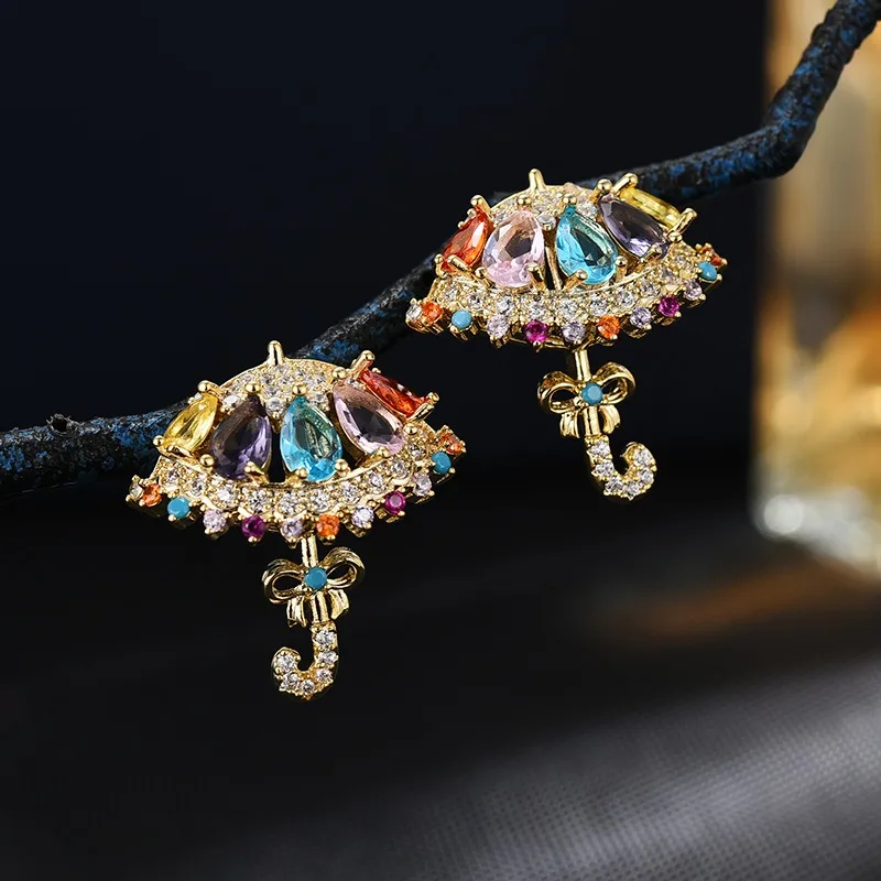 Gorgeous Exquisite Style Gold Color Heavy Industry Inlaid Multi-color Zircon Umbrella Earrings Women Fun Cute High-end Earrings