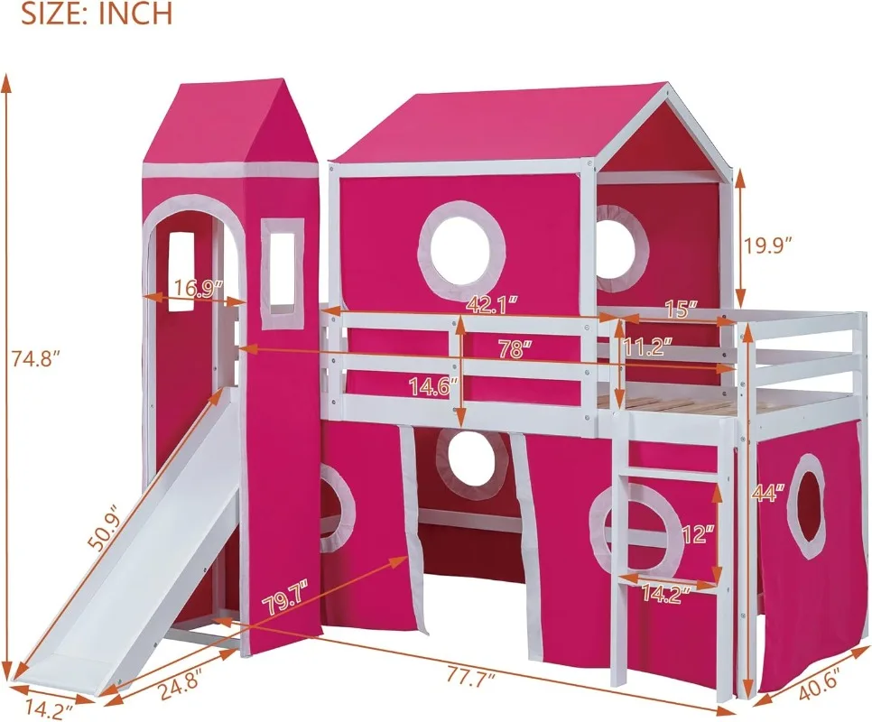 Letto a soppalco rosa per bambini, struttura in legno massello con scivolo, tenda e torre, include scala e guide di sicurezza, perfetto