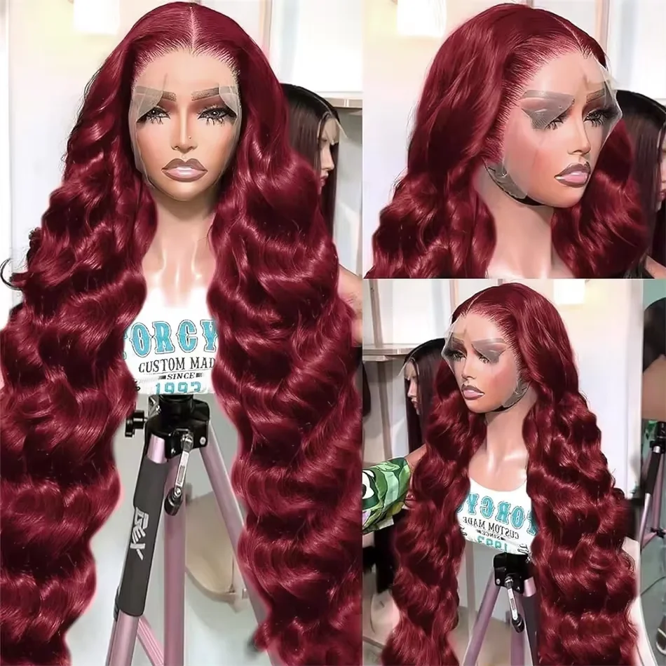 Perruque Lace Front Wig Body Wave Brésilienne Naturelle, Cheveux Humains, Bordeaux 99J, Vin Transparent HD, 13x6, 13x4, Densité 200, 30 32 Pouces