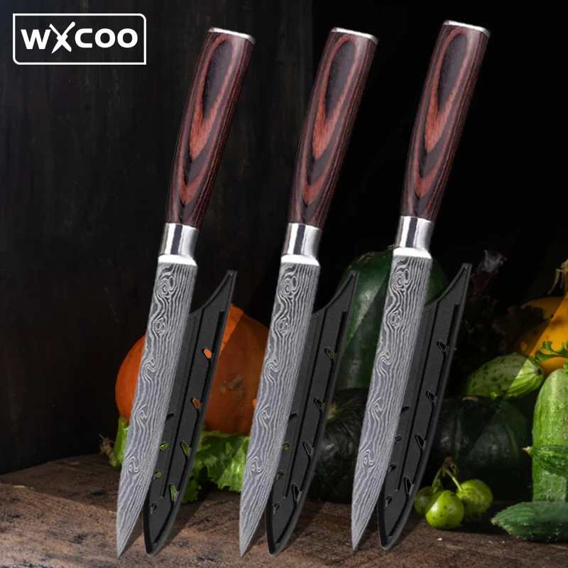 Kitchen Utility Knife Stainless Steel Meat Fruit Vegetables Steak Knife Damascus Laser Pattern Chef Boning Knives Wood Handle 