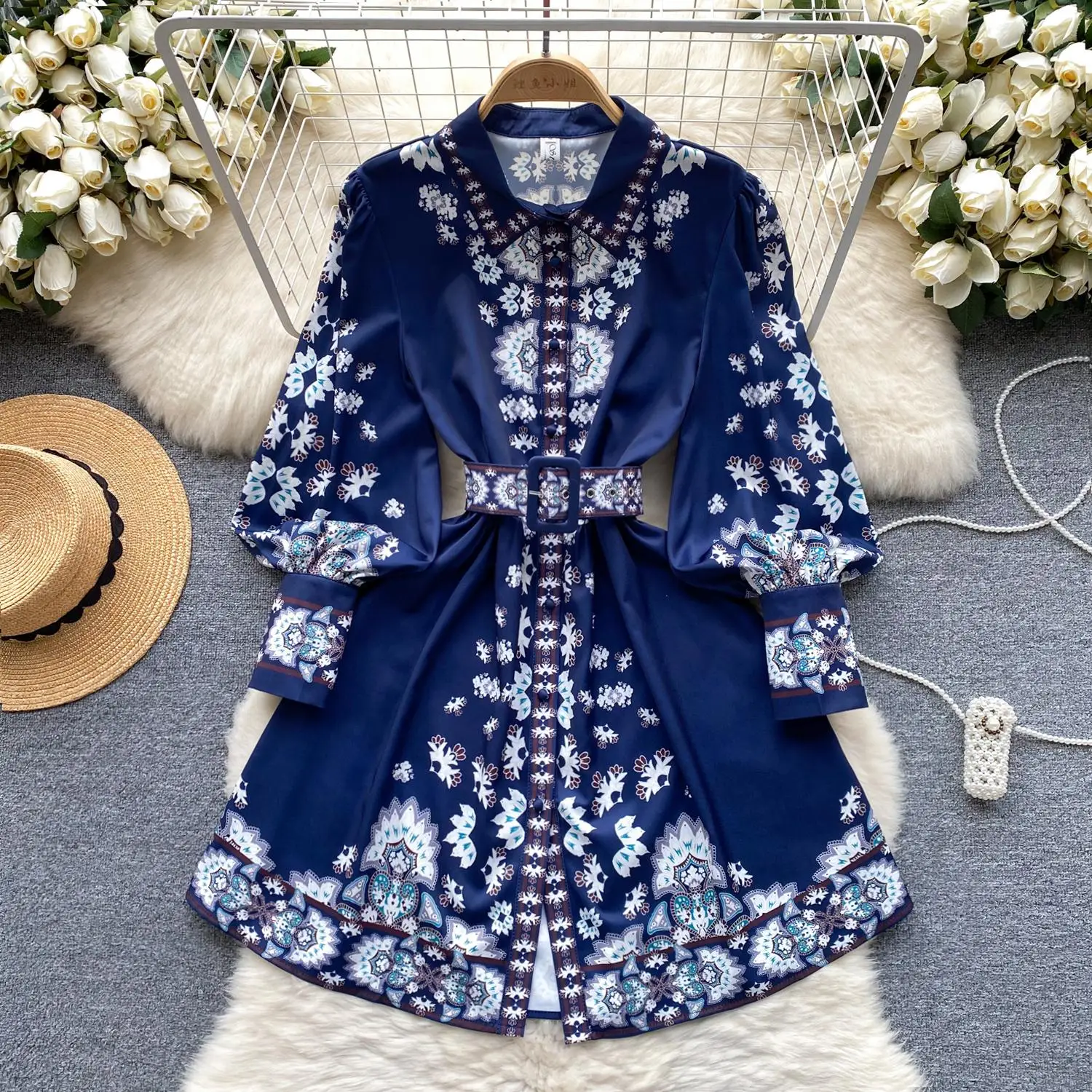 

Spring Fashion Runway Dress for Women Shirt Collar Long Lantern Sleeve Floral Print Elegant Belt Holiday Boho Robe Vestidos 2441