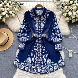 Spring Fashion Runway Dress for Women Shirt Collar Long Lantern Sleeve Floral Print Elegant Belt Holiday Boho Robe Vestidos 2441