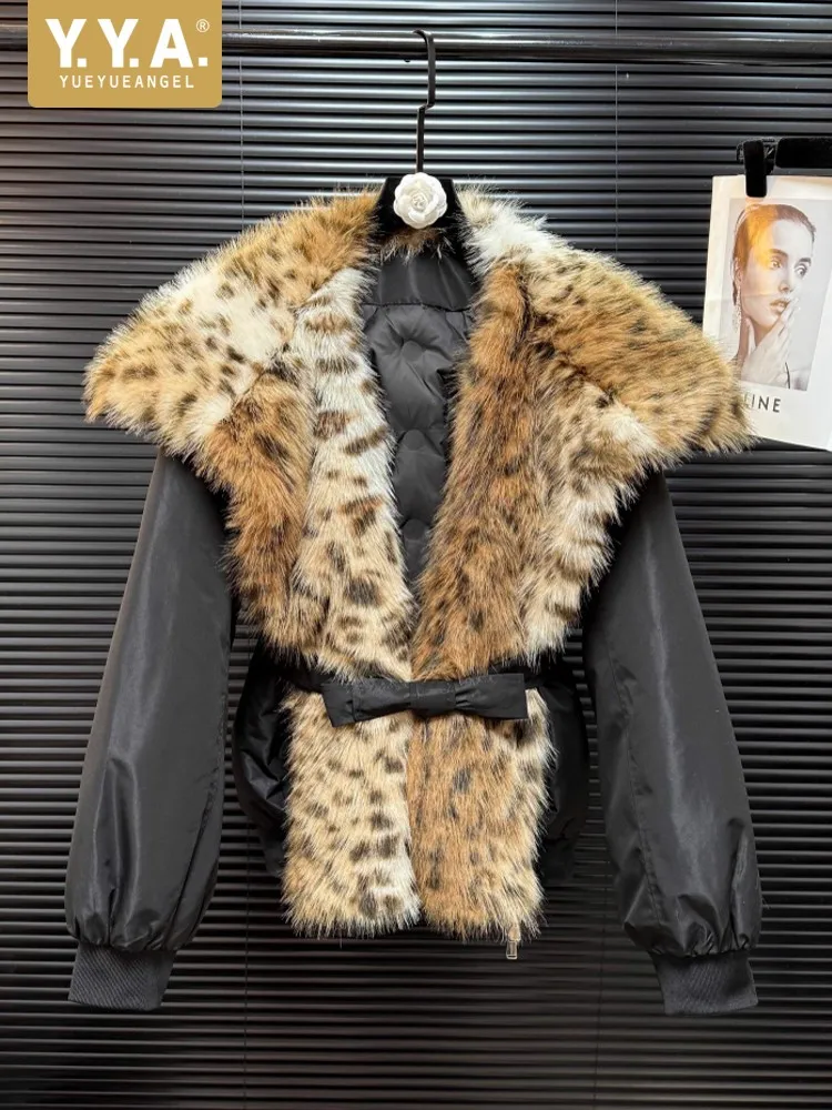 

High Street Women Winter Leopard Faux Fur Collar Down Jacket Belted Oversized Thick Warm Overcoat Loose Fit Ladies Outwear Coat