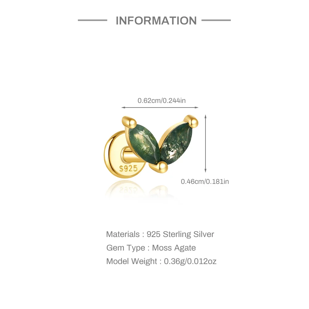 CANNER 1Pc 925 Silver Simple Horse Eye Natural Water Grass Round Surface Stud Earrings For Women 18K Gold Green Moss Ins Jewelry