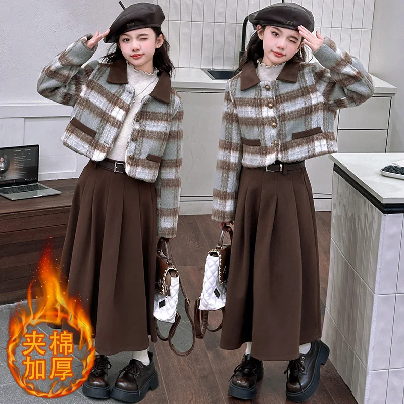 

French Design teen girls clothes Set Thick cotton woolen grid coat+Pleated long skirt+Belt 3pcs junior kid suit child outfits 14